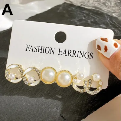 Faux Pearl Moon Geometric Stud Earrings Set